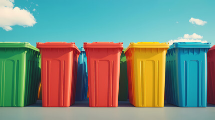 Colorful recycling bins lined up outdoors under a bright sky with scattered clouds.