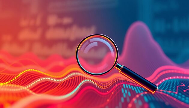 Sleek linear icon depicting a magnifying glass over data lines, symbolizing data search, magnifying glass, analysis - Powered by Adobe