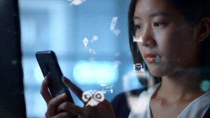 Young woman using smartphone with digital icons in a modern urban setting at night - Powered by Adobe