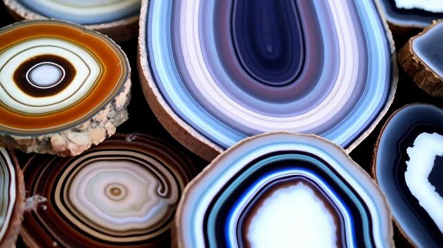 Assortment of polished agate slices showcasing concentric banding and natural wood bark edges