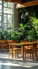 Obraz premium Sunlit Indoor Garden Restaurant with Wooden Tables and Chairs, Lush Greenery and Large Windows