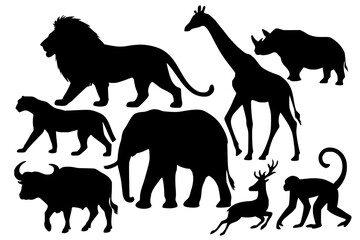 Fototapeta premium Silhouettes of various wild animals including lion, elephant, and giraffe 