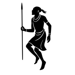 Obraz premium African warrior jumping, dancing with a spear in silhouette style