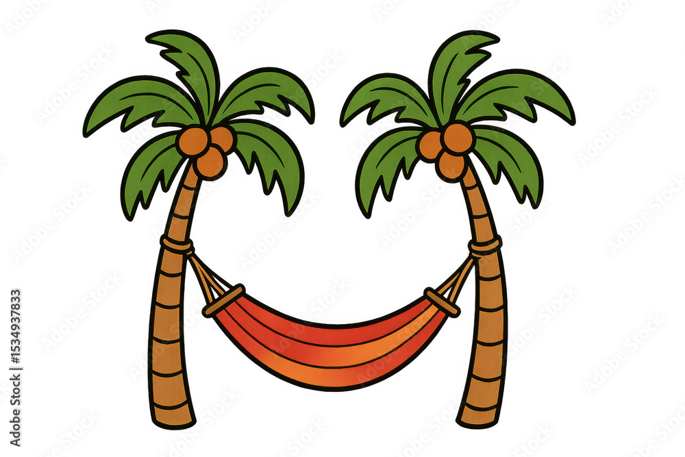 Poster empty hammock hanging from two coconut trees on a transparent background, perfect for travel and lei