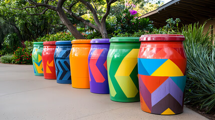 Colorful trash bins with geometric patterns lined up outdoors along a walkway surrounded by greenery.