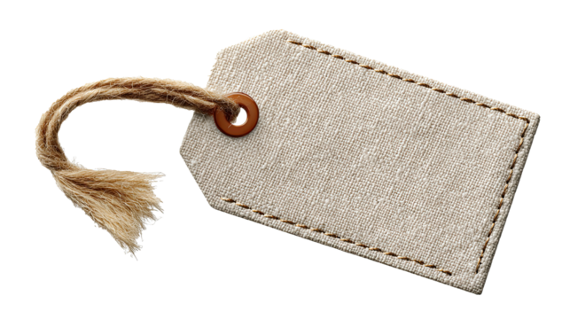 Blank woven clothing label tag with stitched edge and string on transparent background