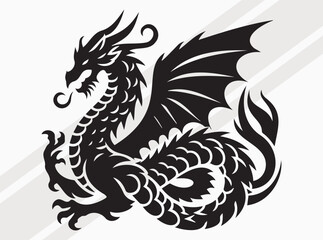 Majestic Dragon Silhouette with Curled Tail and Wings for Mythical Fantasy and Tattoo Art Vector, Dragon Scale SVG