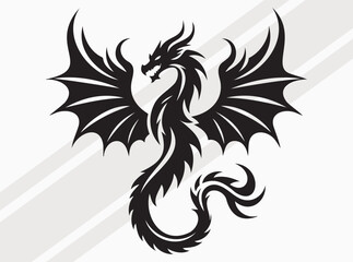 Naklejka premium Majestic Dragon Silhouette with Curled Tail and Wings for Mythical Fantasy and Tattoo Art Vector, Dragon Scale SVG