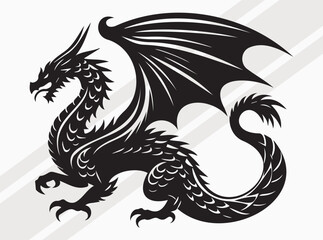 Fototapeta premium Majestic Dragon Silhouette with Curled Tail and Wings for Mythical Fantasy and Tattoo Art Vector, Dragon Scale SVG