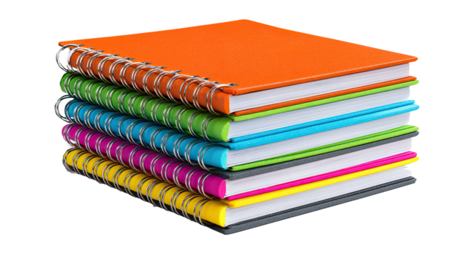 Stack of colorful spiral notebooks on transparent background