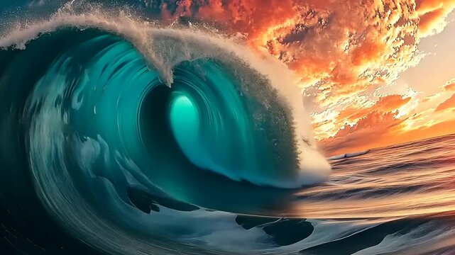 Majestic ocean wave crashing at sunset with vibrant clouds reflecting on the water's surface