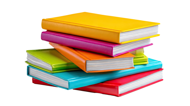 Stacks of colorful books with transparent background