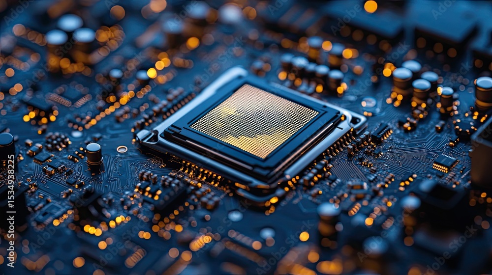 Poster cpu installation on motherboard with electronic components, thermal paste, and high-performance comp
