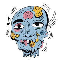 A stylized illustration of a blue, melting face with musical notes, swirls, and expressive features.