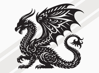 Fototapeta premium Majestic Dragon Silhouette with Curled Tail and Wings for Mythical Fantasy and Tattoo Art Vector, Dragon Scale SVG