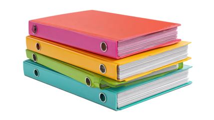 Stack of colorful ring binders with documents on transparent background