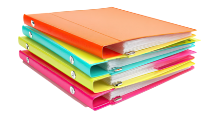 Stack of colorful ring binders with documents on transparent background