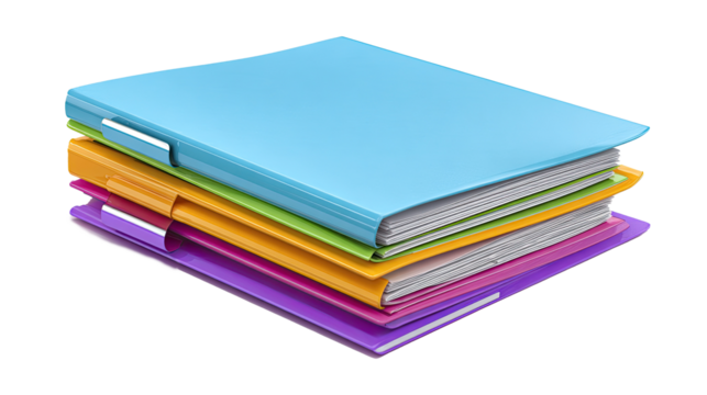 Stack of colorful ring binders with documents on transparent background