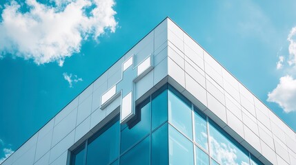 Modern healthcare building exterior with a cross symbol against a bright blue sky.