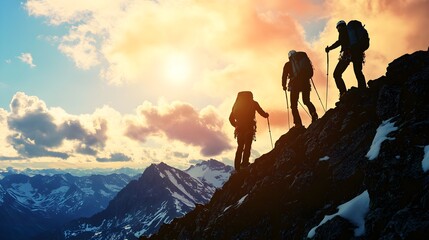 Mountain climbers silhouette teamwork sunset success