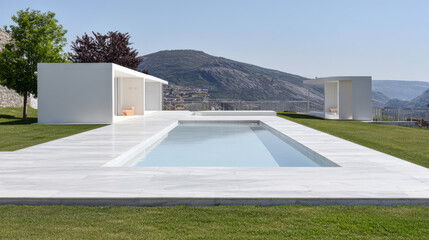 Modern outdoor space with a sleek pool and minimalist structures in a scenic landscape