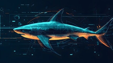 A digitally rendered shark, outlined in glowing lines.