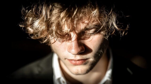 Sad Young Man  Pensive Portrait  Dramatic Lighting  Indoor Close Up