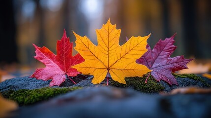 Vibrant autumn maple leaves in red, yellow, and purple rest gently on mossy rock.