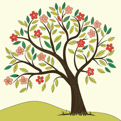 Obraz premium Playful vector illustration of a blooming tree with colorful flowers and patterned leaves on a grassy hill, evoking a cheerful and whimsical springtime atmosphere