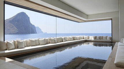 Stunning coastal view with minimalist interior design and tranquil swimming pool