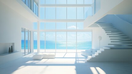 Obraz premium Sunlit modern white home interior with ocean view, staircase, and minimalist furniture.