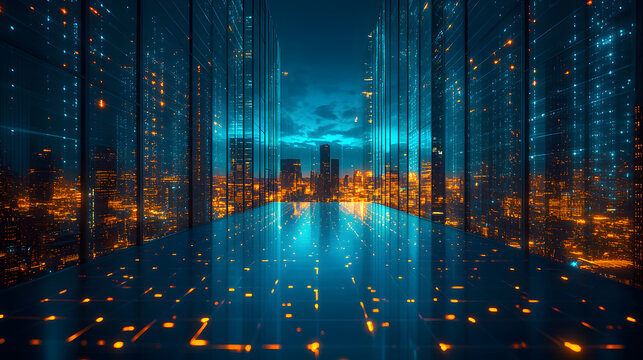 Futuristic Cityscape with Digital Data Streams and Illuminated Skyscrapers