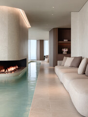 Luxury indoor lounge with a fireplace and an elegant swimming pool