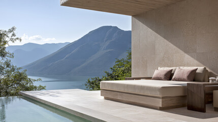 Luxurious outdoor lounge overlooking serene lake and mountains during the afternoon