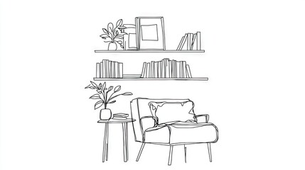 Line drawing of a cozy reading nook.