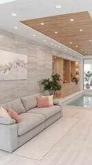 Modern living room with indoor pool and stylish decor in bright interior design