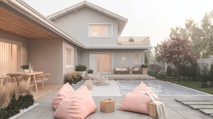 Stylish modern house with outdoor patio and tranquil swimming pool in soft evening light