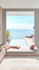 Modern beachside living room with stunning ocean view and infinity pool