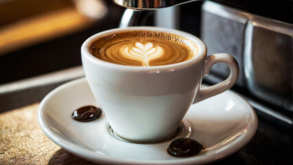 A cup of latte coffee on a cafe barista table