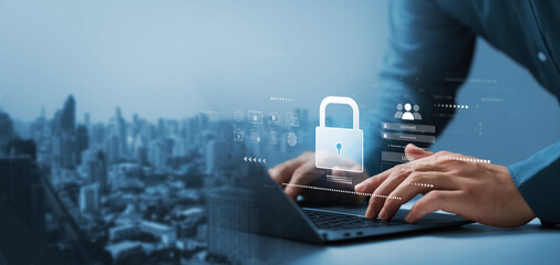 cyber security data and digital login system. businessman typing on laptop with lock icon, username and password input, representing cybersecurity and digital access control in modern business.