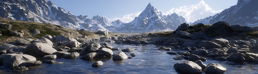 A tranquil mountain stream meanders through a rocky valley.
