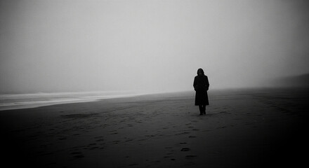 Lone figure walking along misty shoreline in monochrome