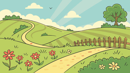 Cartoon Spring Meadow Landscape with Green Hills, Trees, Flowers, and Clouds – Vector Illustration