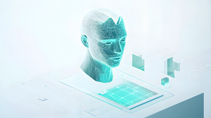 Abstract digital human head with geometric patterns and a futuristic interface