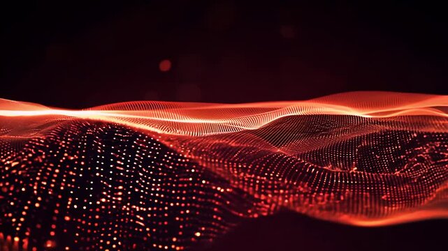 Looping mesh glowing red dots digital particles forms smooth flowing data stream design video ed futuristic 4K cyber visuals
