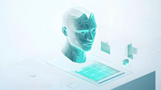 Abstract digital human head with geometric patterns and a futuristic interface - Powered by Adobe
