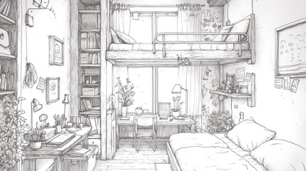 Detailed pencil sketch of a cozy room with bunk beds.