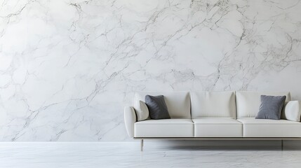 Modern minimalist living room with a marble wall