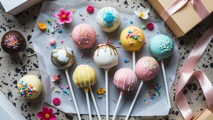 Colorful Cake Pops Arrangement with Sprinkles and Flowers for Celebration