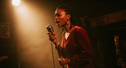 Melody and Passion: A singer in a cozy dimly-lit club, passionately performs into a vintage microphone, bathed in a spotlight, filling the air with soulful music.